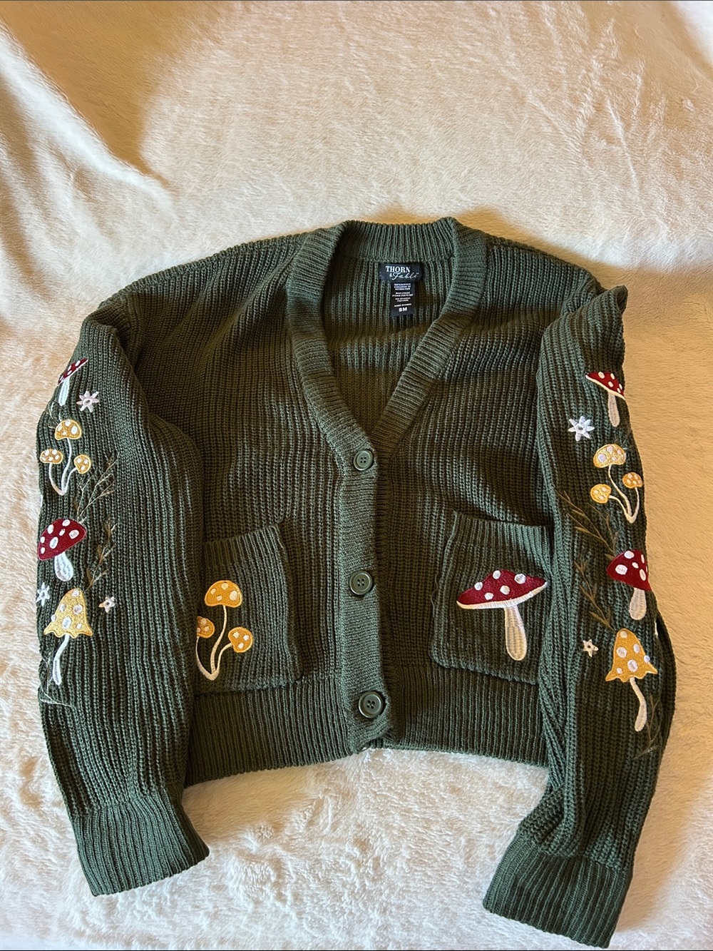 Hot Topic Thorn & Fable Mushroom Olive Green Button-Up Cardigan Sweater